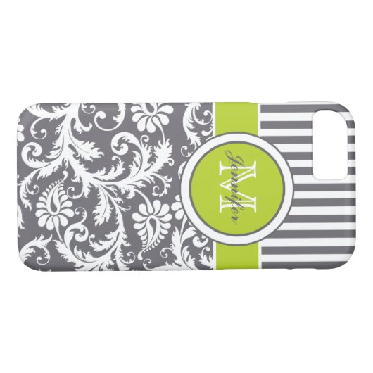 Monogram Limoen grijs Witte Stripe Damask Case-Mate iPhone Case (Achterkant (Horizontaal))