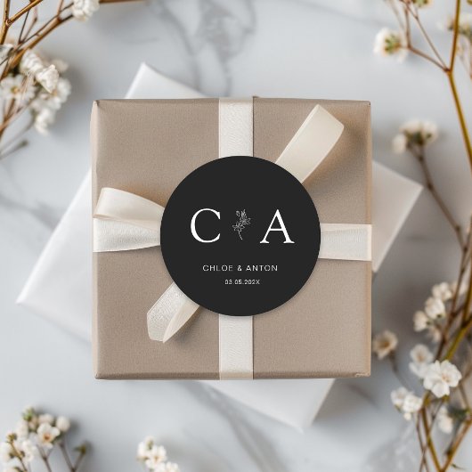 Monogram, Line-Art-bloem, bruiloft, zwart Ronde Sticker