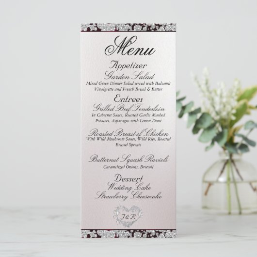Monogram, lint en glitter - Bourgondische bruiloft Menu (Staand voorkant)