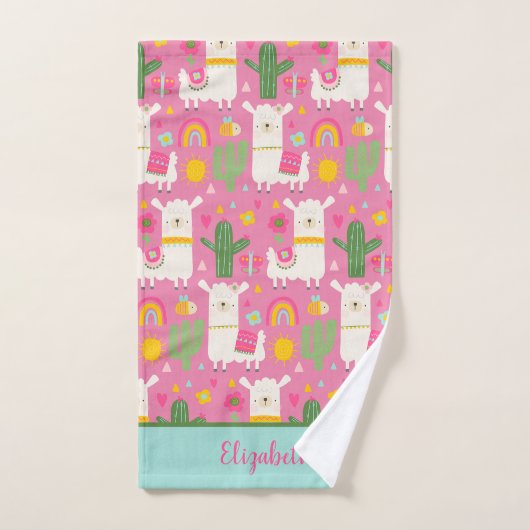 Monogram Llamas Rainbows Green Cactus Pink Girly Bad Handdoek (Handdoek)