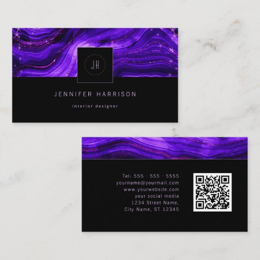 Monogram Logo Geode Paars Zwarte Abstracte QR-code Visitekaartje (Voorkant / Achterkant)