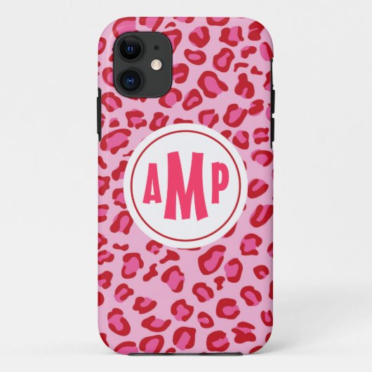 Monogram luipaard iPhone draagtas roze & rood Case-Mate iPhone Case (Achterkant)