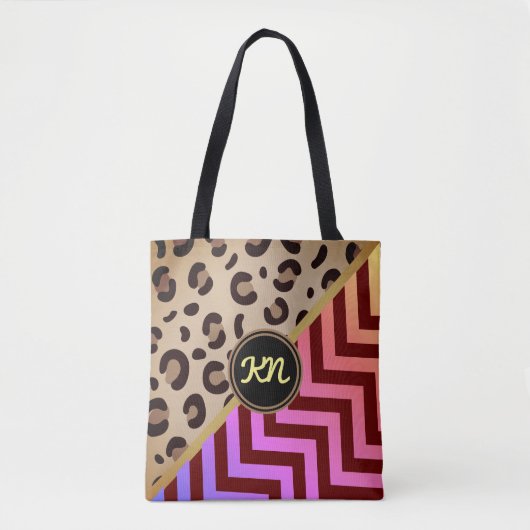 Monogram Luipaard Print Zigzag Chevron Two-Tone Draagtas (Voorkant)