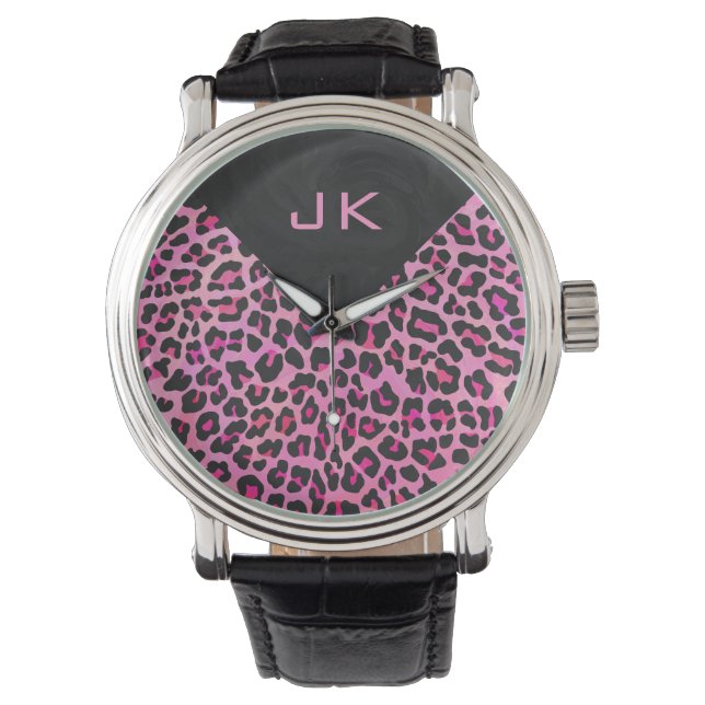 Monogram luipaard zwart-wit en warmroze afdrukken horloge (Voorkant)