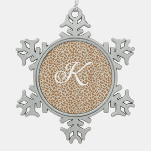 Monogram luipaardhuid lichtbruin patroon naam laat tin sneeuwvlok ornament