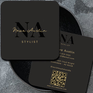 Monogram Luxe Trendy Esthetische Gouden Zwarte QR  Vierkante Visitekaartje