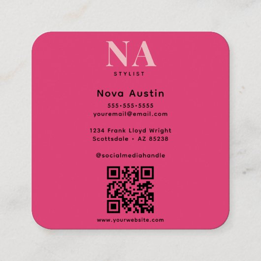 Monogram Luxe Trendy Esthetische Heet Roze QR Code Vierkante Visitekaartje (Achterkant)