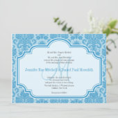Monogram M Blue Damask Wedding Invitations Kaart (Staand voorkant)