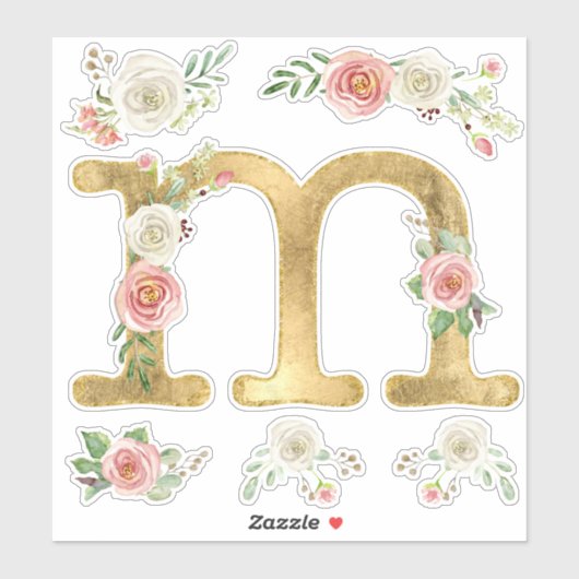 Monogram M Blush Wit Rose Bloemen Waterverf Sticker (Vel)