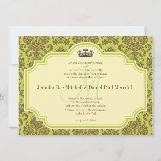 Monogram M Brown Damask Wedding Invitations Kaart (Voorkant)