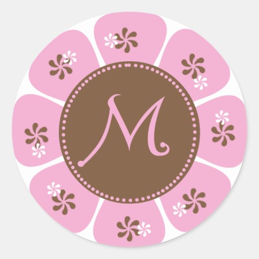 Monogram M bruin en roze Ronde Sticker (Voorkant)