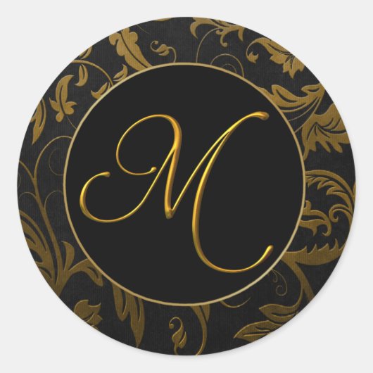 Monogram M Goud en Zwart Damast Bruiloft Seal Ronde Sticker (Voorkant)