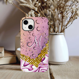 Monogram M Gouden Glitters Roze Fantasie Regendrup Case-Mate iPhone 14 Hoesje