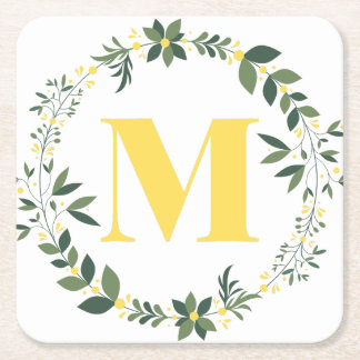 Monogram M in Goud/Lemon met Bloemring Vierkante Kartonnen Onderzetter