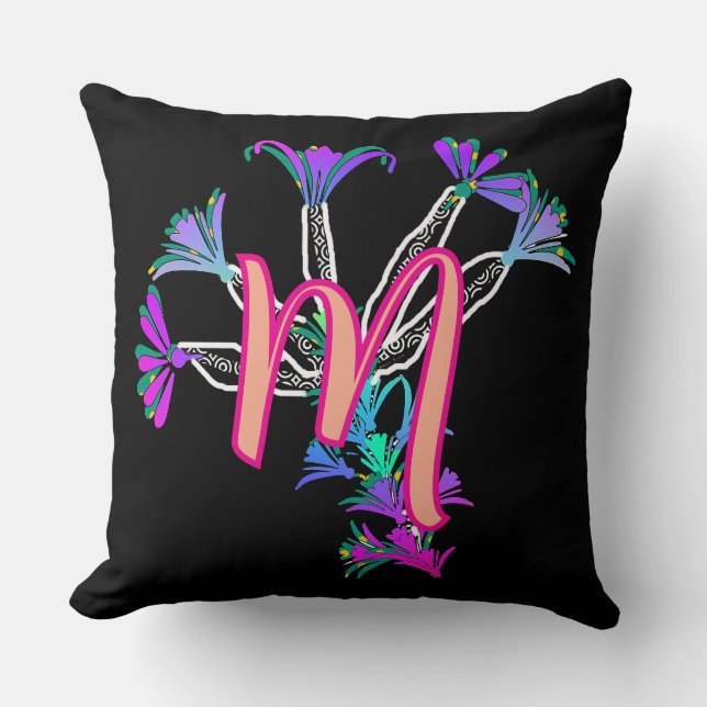 Monogram M Initiaal Bloem Kussen (Voorkant)