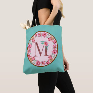 Monogram M Letter met Peony Flower Afbeelding Canv Draagtas