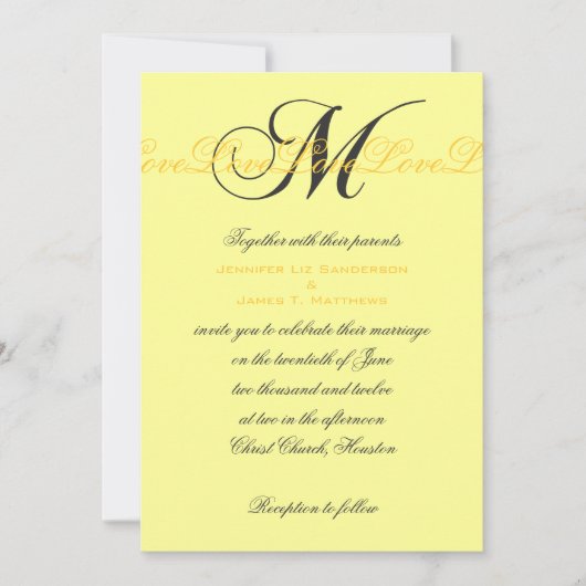 Monogram M Love Wedding Invitting Yellow Kaart (Voorkant)