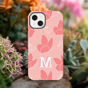Monogram M Modern Koraal Roze Vlinder Patroon iPhone 13 Hoesje