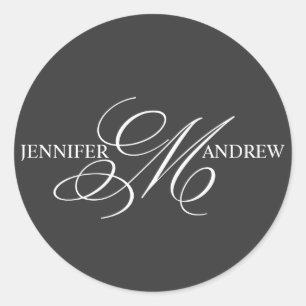 Monogram M Namen Trouwstickers Houtskool Ronde Sticker