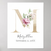 Monogram M Roze witte Floral Gold Letter Neursery Poster (Voorkant)