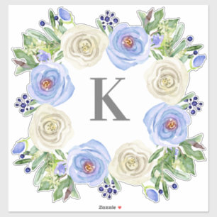 Monogram M Trouwblauw in Witte Roos Bloemenkrans Sticker