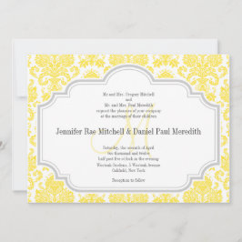 Monogram M Yellow Damask Wedding Invitations Kaart
