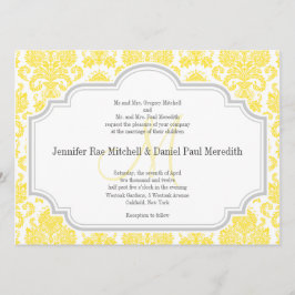 Monogram M Yellow Damask Wedding Invitations Kaart