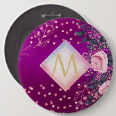 Monogram Magenta Roségoud Roze Metallic Glitter Ronde Button 6,0 Cm (Voorkant /achterkant)