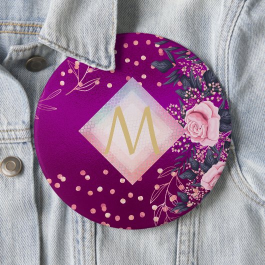 Monogram Magenta Roségoud Roze Metallic Glitter Ronde Button 6,0 Cm (In situ)