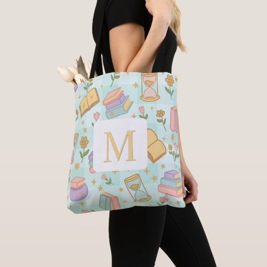 Monogram Magic Books Tote Bag Girly Mint Green (De près)