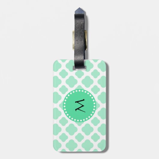 Monogram Magische Munt en Wit Patroon Quatrefoil Bagagelabel (Achterkant verticaal)