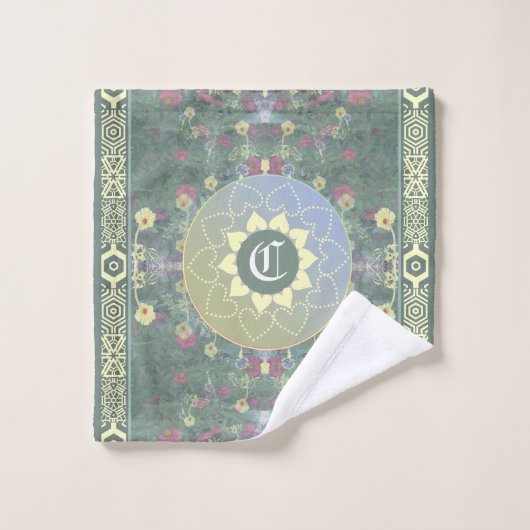 Monogram Mandala en Wildflower met Arabische Tegel Bad Handdoek (Wasdoekje)