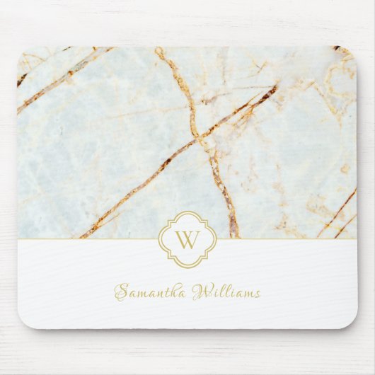 Monogram Marble Elegant White Gold Mousepad Muismat (Voorkant)