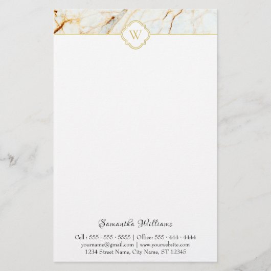 Monogram Marble Elegant White Gold Stationery Briefpapier (Voorkant)