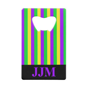 Monogram Mardi Gras Groen, Geel, Paars Gestreepte Kredietkaart Flessenopener