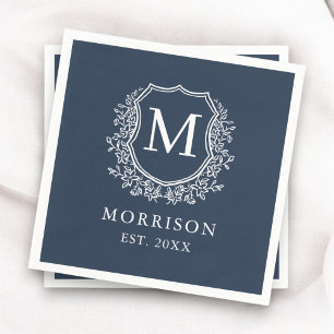 Monogram Marine Blauwe Crest Botanische Huwelijk Servet