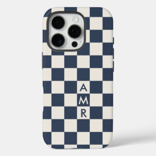 Monogram Marine Blue Cream Geruit Patroon iPhone 16 Pro Hoesje