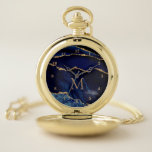 Monogram Marine Blue Gold Marble Montre cadeau<br><div class="desc">Montre de poche avec Monogramme Agate Marine Blue Gold Gemstone Marble Geode Parties scintillant Sparkle Personnalisé Anniversaire - Anniversaire ou Mariage Cadeau / Fournisseur - Ajouter votre lettre / ou nom - Texte ou supprimer - Faire votre cadeau de montres de poche spéciales - Redimensionner et déplacer ou ajouter du...</div>