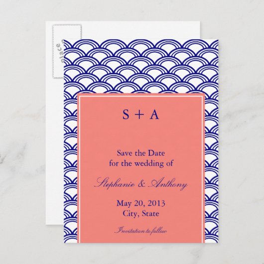 Monogram marine en koraal Seigaiha Pattern Wedding Aankondigingskaart (Voorkant / Achterkant)