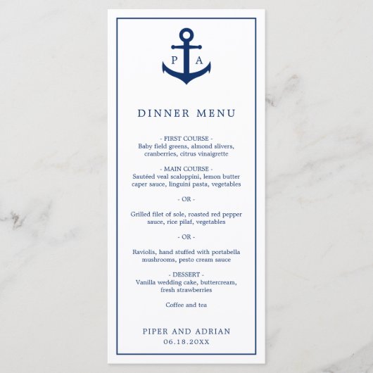 Monogram marineblauw Anchor Nautical Wedding Menu (Voorkant)
