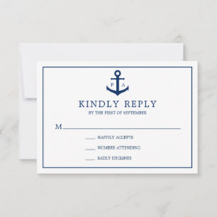 Monogram marineblauw Anchor Nautical Wedding RSVP Kaartje