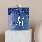Monogram marineblauw druipend glitter druppels heupfles