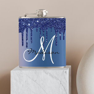 Monogram marineblauw druipend glitter druppels heupfles