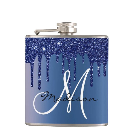 Monogram marineblauw druipend glitter druppels heupfles (Voorkant)