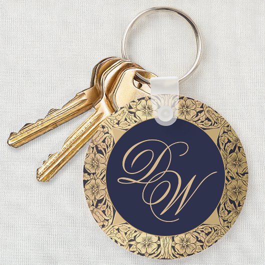 Monogram  marineblauw goudRozen Calligrafie Sleutelhanger