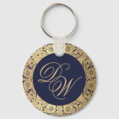 Monogram  marineblauw goudRozen Calligrafie Sleutelhanger (Voorkant)