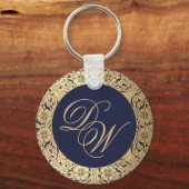 Monogram  marineblauw goudRozen Calligrafie Sleutelhanger (Voorkant)