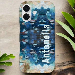 Monogram marineblauw turquoise crème abstract wate iPhone 16 hoesje