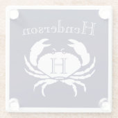 Monogram marineblauw witte krab glazen onderzetter (Achterkant)