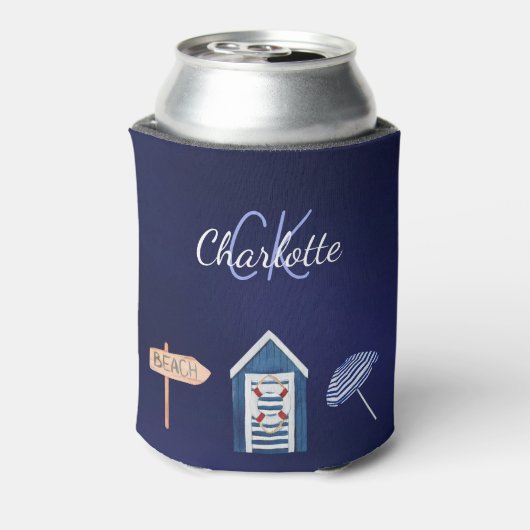 Monogram marineblauw-witte-strand-strand blikjeskoeler (Blikje Achterkant)